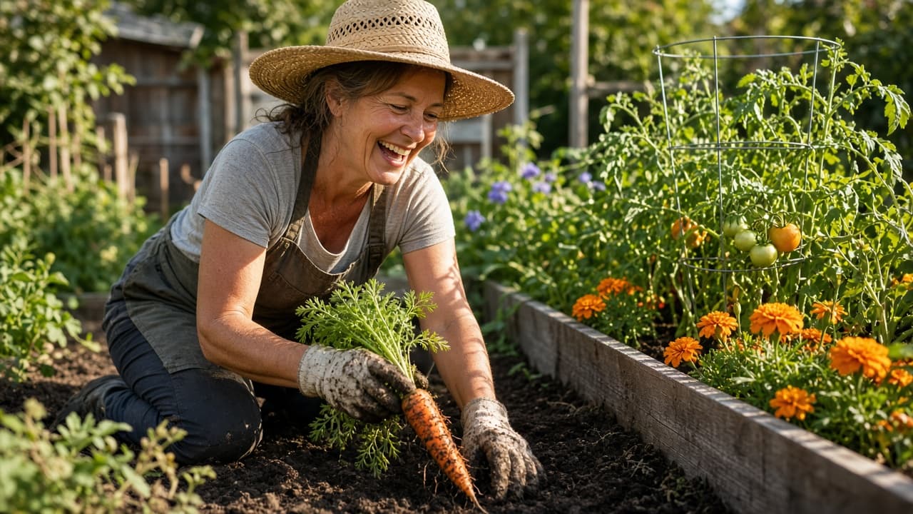 Raised vegetable beds in warm sunlight, with ripe tomatoes, leafy greens, a straw hat, and a trowel stuck in the soil.